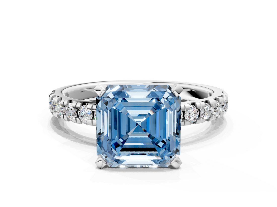 White gold Fancy Blue Asscher  Solitaire Pave Diamond Engagement Ring with Four-Prong Setting