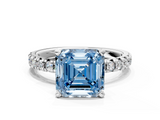 White gold Fancy Blue Asscher  Solitaire Pave Diamond Engagement Ring with Four-Prong Setting