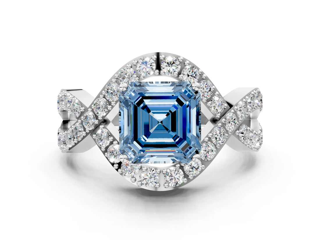 White gold Fancy Blue Asscher  Solitaire Twist Band Pavé Diamond Engagement Ring_15