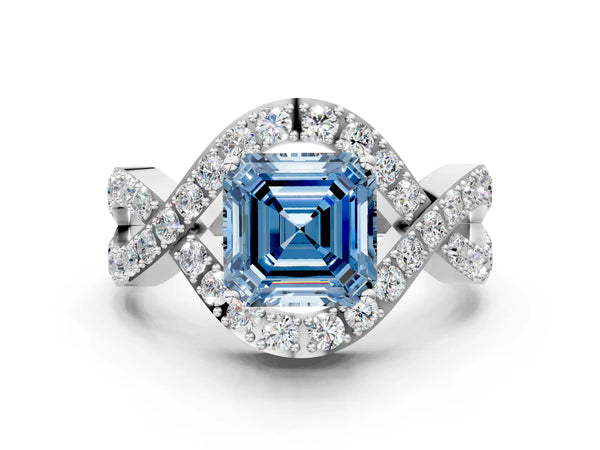 Platinum Asscher Cut Infinity Twist Engagement Ring Setting for Fancy Blue Center with Pave Ribbons