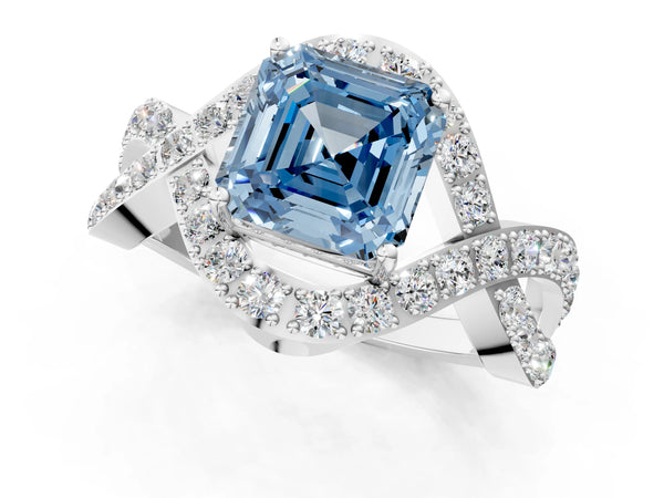 Platinum Asscher Cut Infinity Twist Engagement Ring Setting for Fancy Blue Center with Pave Ribbons