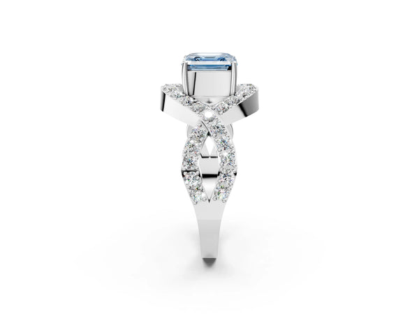 Platinum Asscher Cut Infinity Twist Engagement Ring Setting for Fancy Blue Center with Pave Ribbons