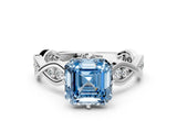 White gold Fancy Blue Asscher  Solitaire Twist Band with Leaf Prong Setting_26