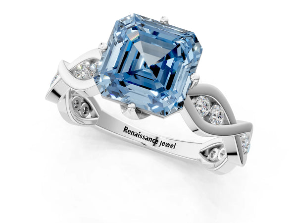 Platinum Asscher Cut Accented Twist Engagement Ring Setting for Fancy Blue Center