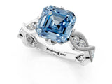 White gold Fancy Blue Asscher  Solitaire Twist Band with Leaf Prong Setting_28