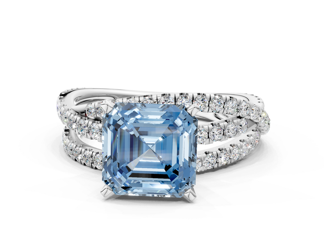 White gold Fancy Blue Asscher  Solitaire Twist Band with Pavé Setting and Four-Prong Setting