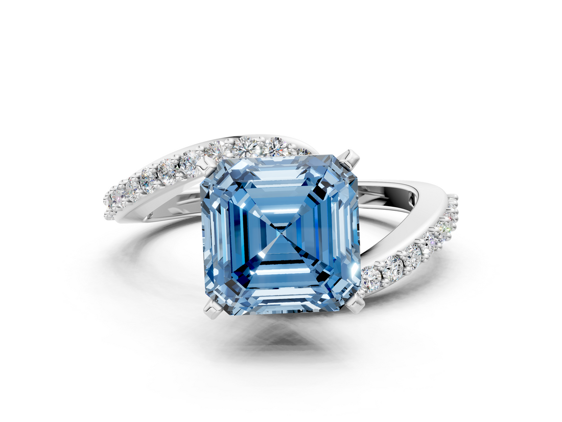White gold Fancy Blue Asscher  Solitaire Twist Band with Pave Set Diamonds and Four-Prong Setting