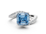 White gold Fancy Blue Asscher  Solitaire Twist Band with Pave Set Diamonds and Four-Prong Setting