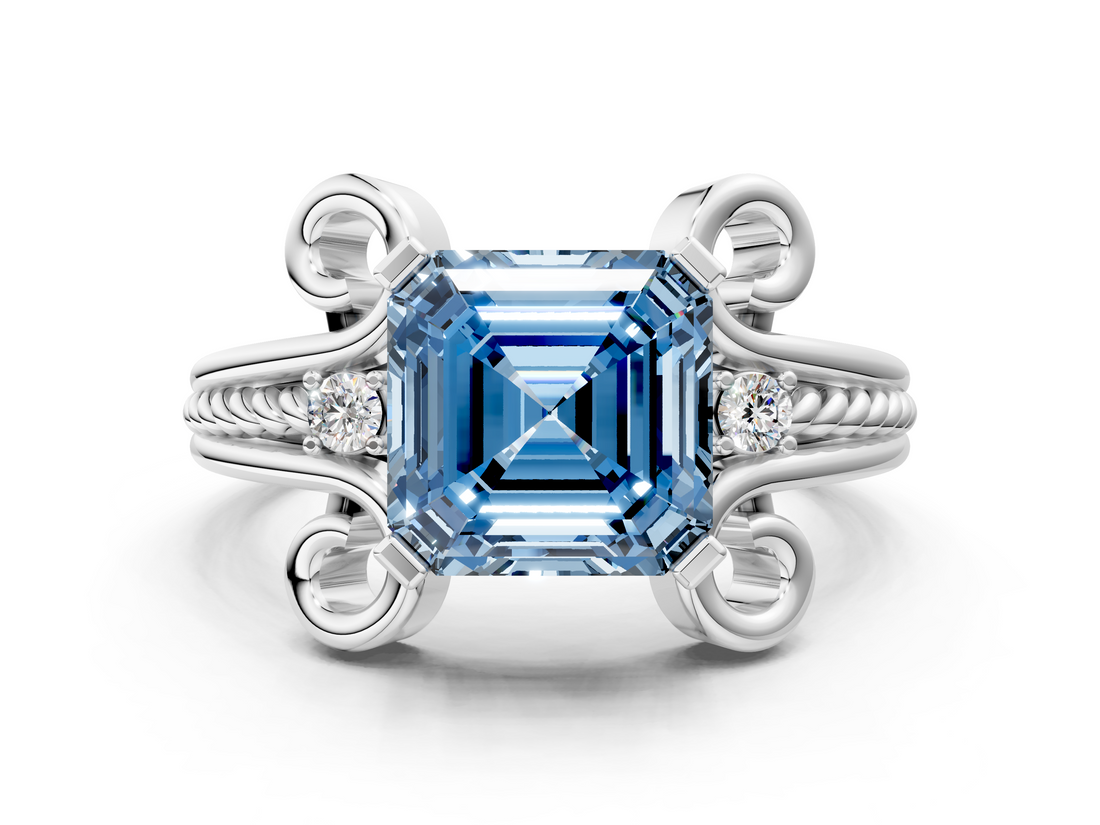 White gold Fancy Blue Asscher  Solitaire Twisted Band Scroll Prong Ring_3
