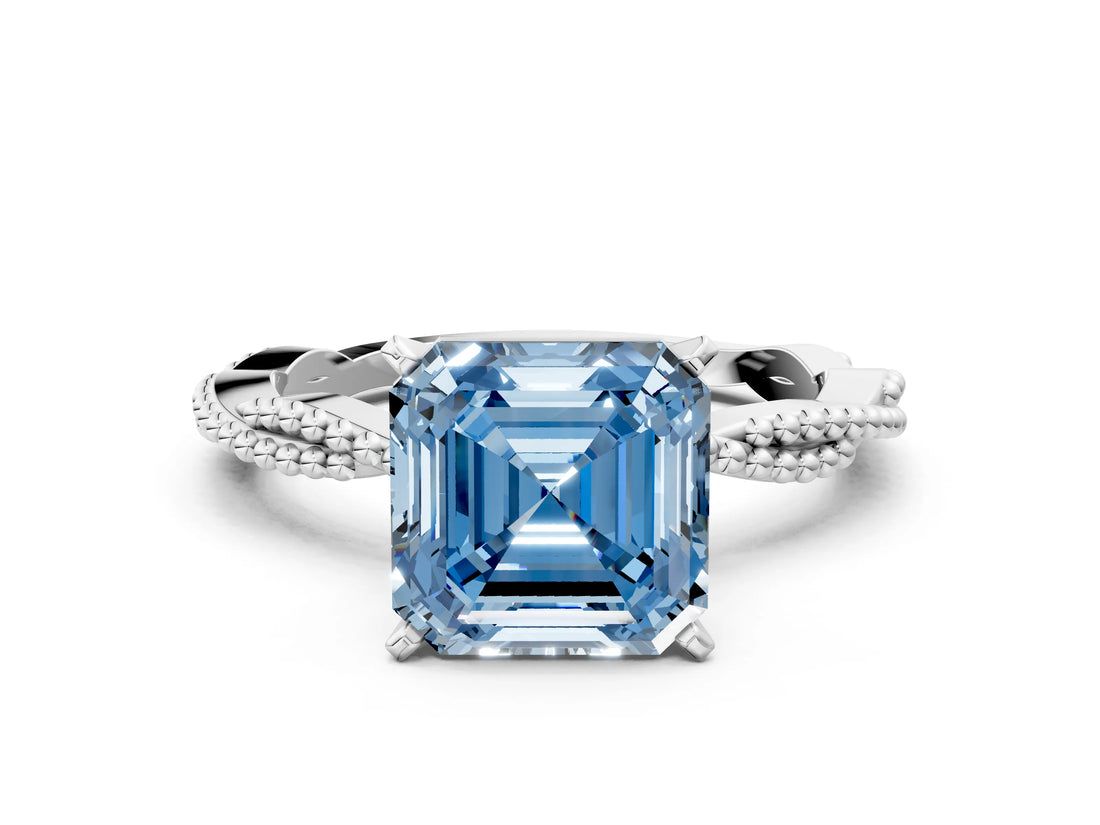White gold Fancy Blue Asscher  Solitaire Twisted Band with Bead Prong Setting_70