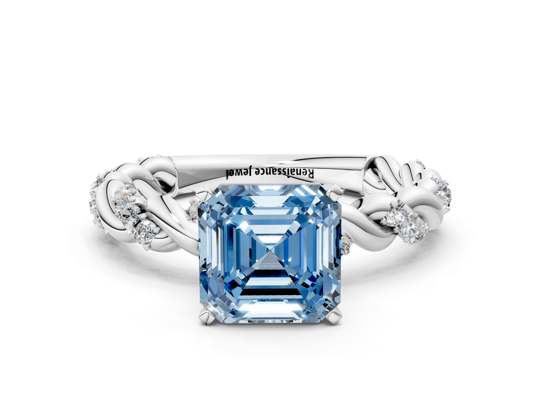 White gold Fancy Blue Asscher  Solitaire Twisted Band with Pavé Accents and Four-Prong Setting_20