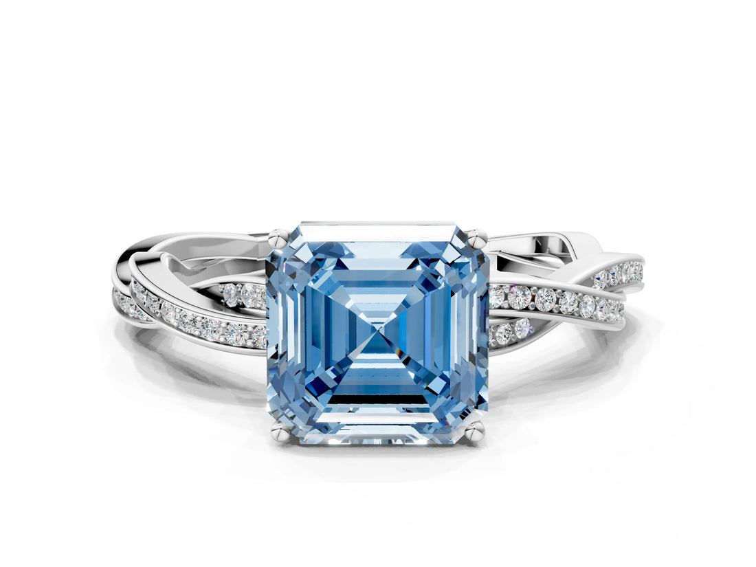 White gold Fancy Blue Asscher  Solitaire Twisted Pave Diamond Ring with Four-Prong Setting_158