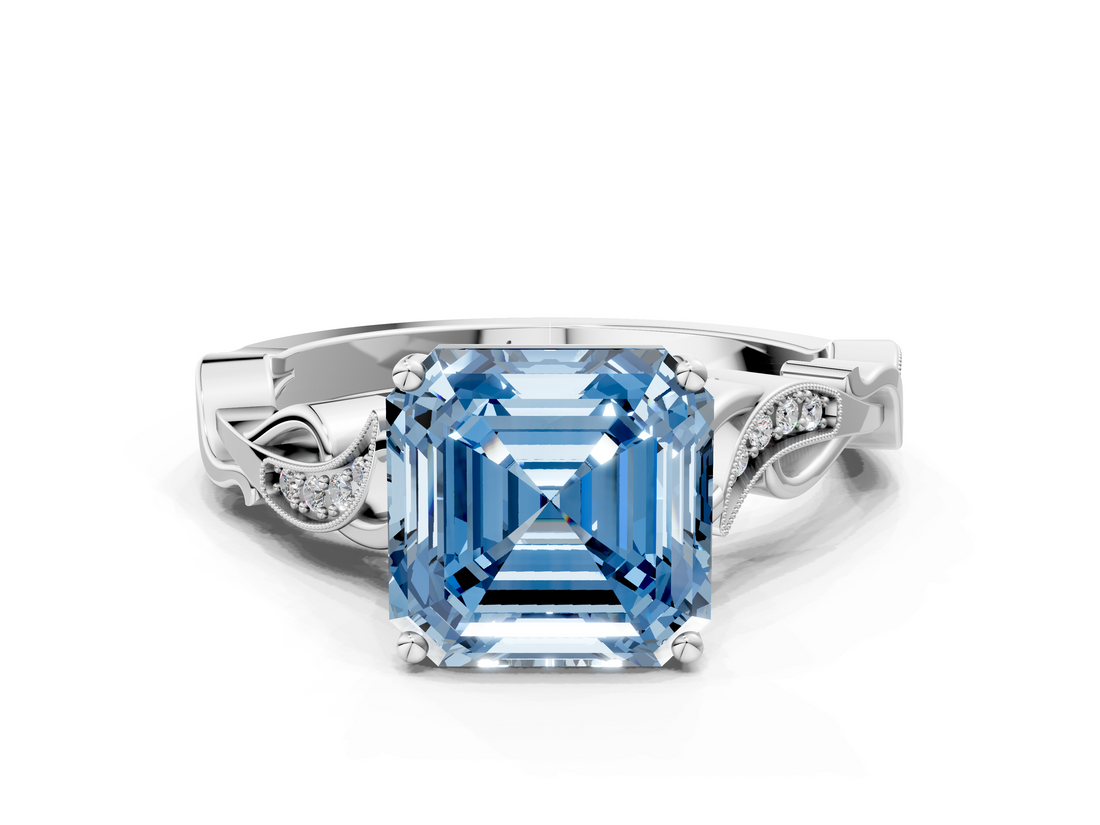 White gold Fancy Blue Asscher  Solitaire Vine Band with Milgrain Prong Setting_3