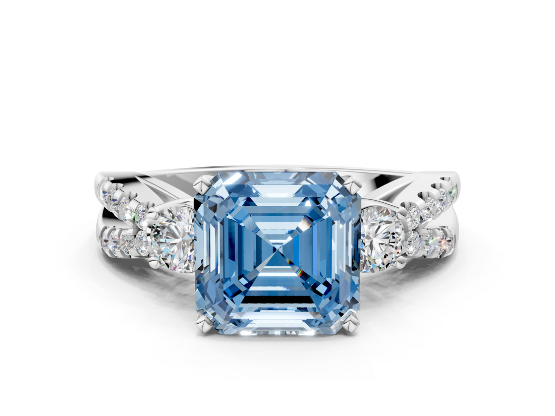 White gold Fancy Blue Asscher  Three-Stone Diamond Ring with Pavé Split Shank and Four-Prong Setting_17