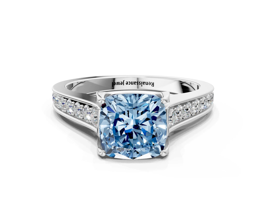 White gold Fancy Blue Cushion  Brilliant Cut Diamond Engagement Ring with Pavé Band and Four-Prong Setting_48