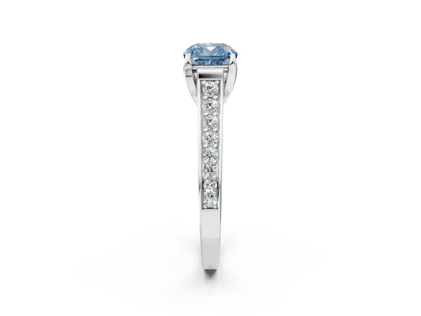 White gold Fancy Blue Cushion  Brilliant Cut Diamond Engagement Ring with Pavé Band and Four-Prong Setting