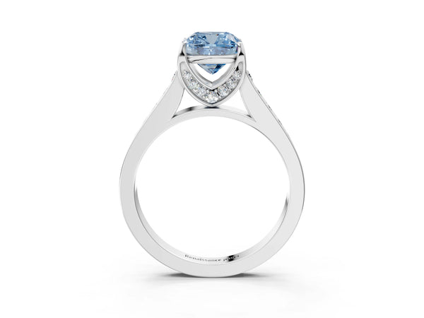 White gold Fancy Blue Cushion  Brilliant Cut Diamond Engagement Ring with Pavé Band and Four-Prong Setting