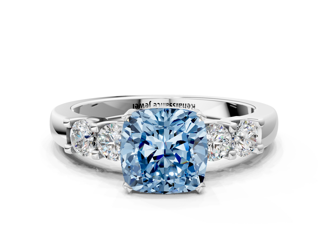 White gold Fancy Blue Cushion  Brilliant Cut Diamond Five-Stone Prong Set Engagement Ring with Channel Band_3