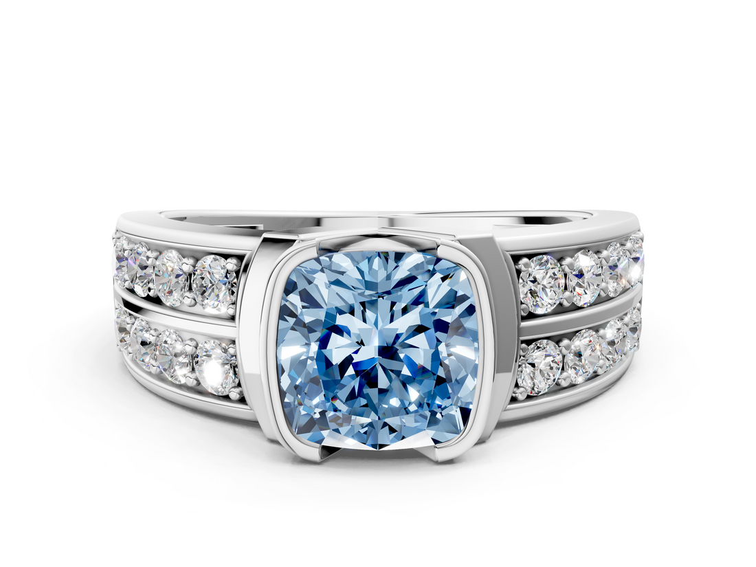 White gold Fancy Blue Cushion  Brilliant Diamond Channel Set Wide Band Ring with Bezel Setting_20