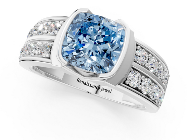 White gold Fancy Blue Cushion  Brilliant Diamond Channel Set Wide Band Ring with Bezel Setting