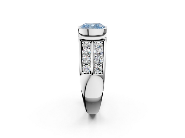 White gold Fancy Blue Cushion  Brilliant Diamond Channel Set Wide Band Ring with Bezel Setting
