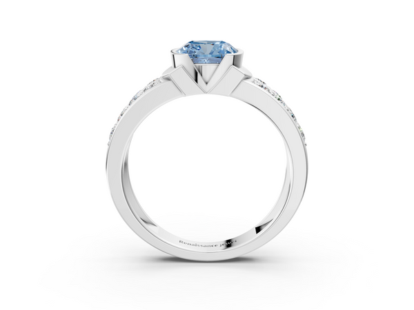 White gold Fancy Blue Cushion  Brilliant Diamond Channel Set Wide Band Ring with Bezel Setting