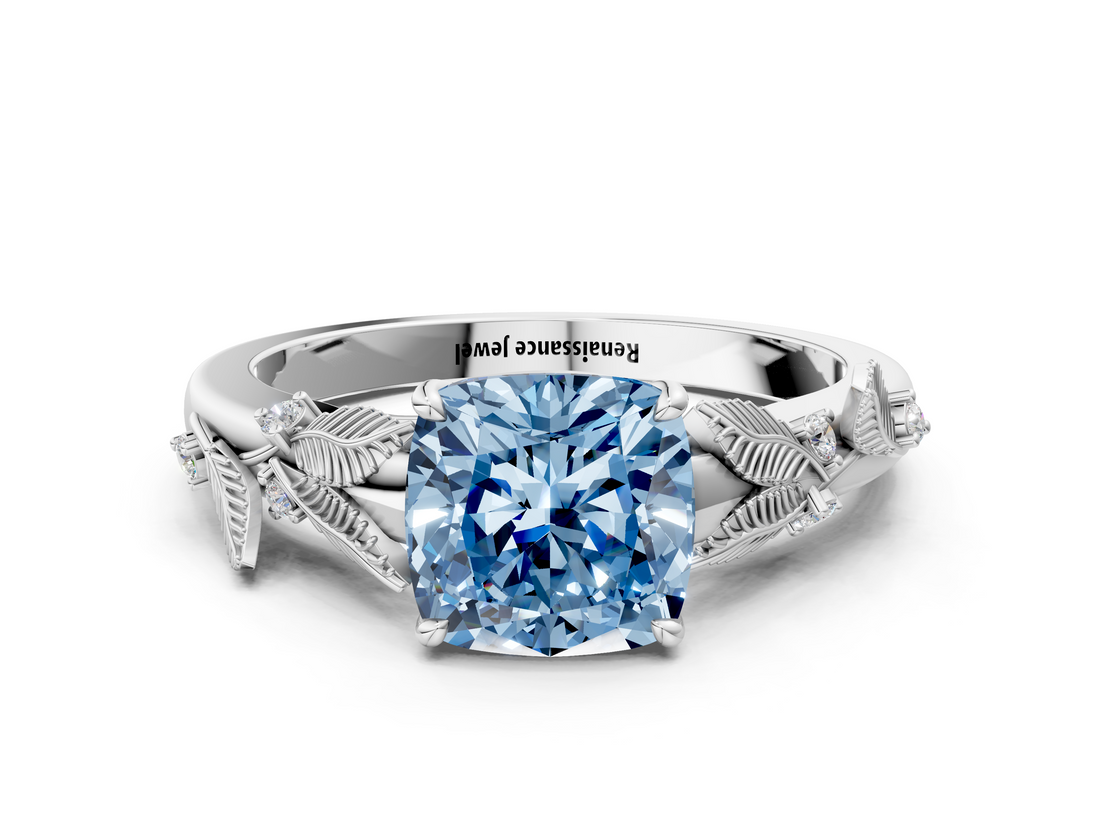 White gold Fancy Blue Cushion  Brilliant Solitaire with Leaf Motif Band and Four-Prong Setting_61
