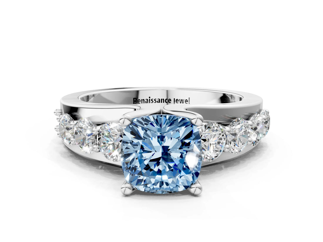 White gold Fancy Blue Cushion  Brilliant Solitaire with Side Stones on a Pave Band and Four-Prong Setting_61