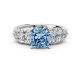 White gold Fancy Blue Cushion  Cluster Diamond Engagement Ring with Pavé Band and Four-Prong Setting_45