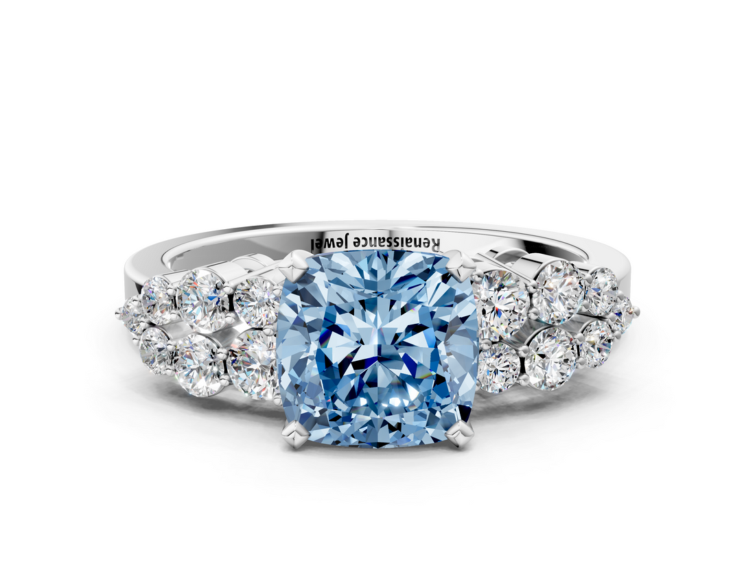 White gold Fancy Blue Cushion  Cluster Diamond Engagement Ring with Pavé Band and Four-Prong Setting_46
