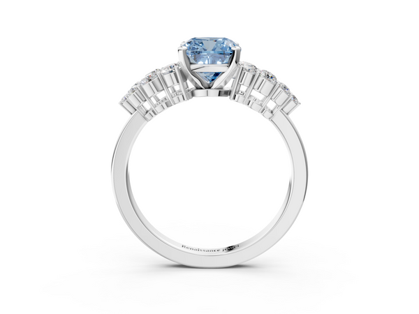 White gold Fancy Blue Cushion  Cluster Diamond Engagement Ring with Pavé Band and Four-Prong Setting