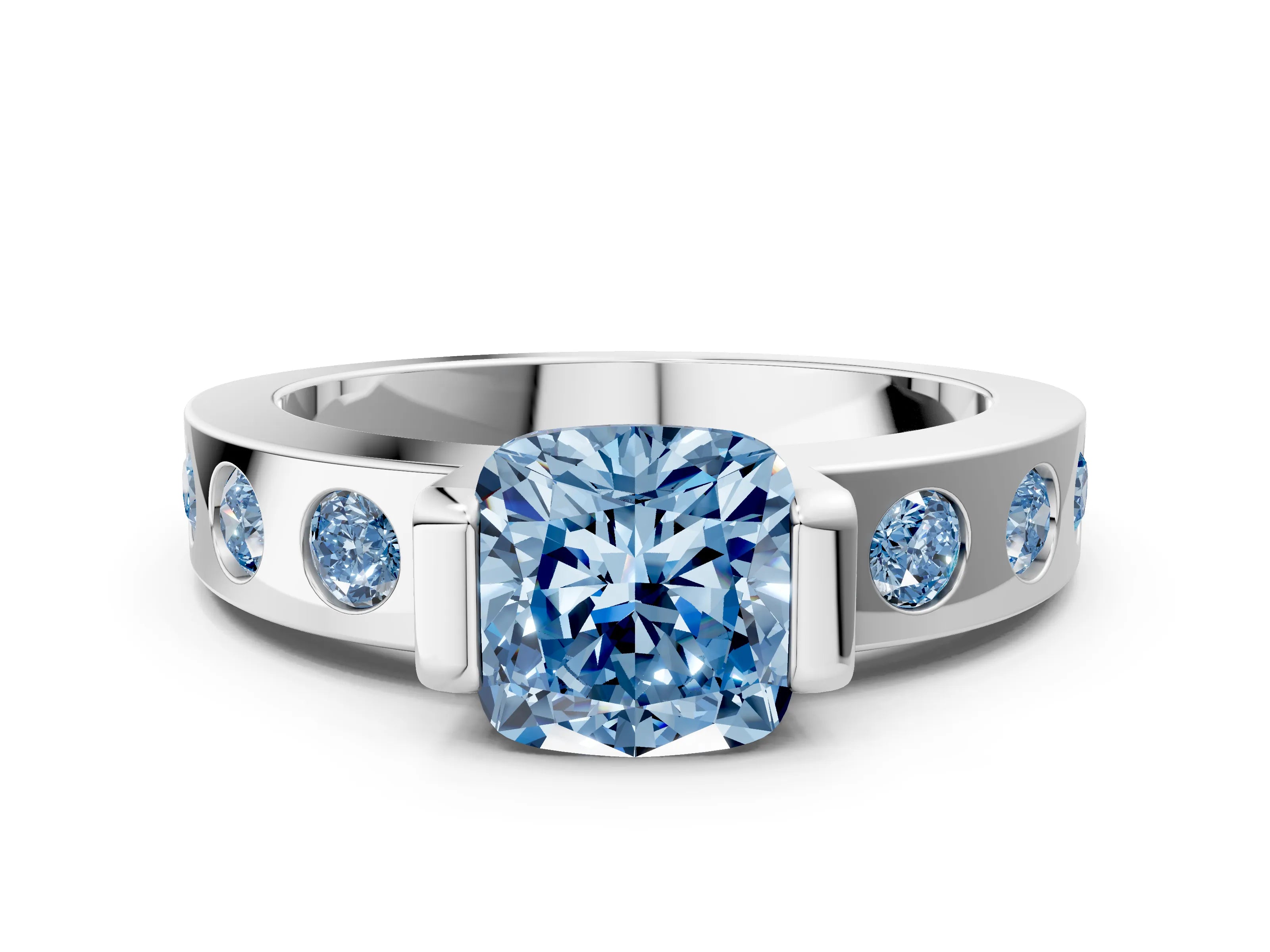 White gold Fancy Blue Cushion Cut Brilliant Channel-Set Diamond Ring with Bezel Prong Setting_12