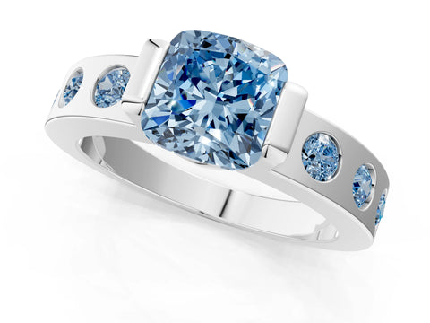 White gold Fancy Blue Cushion Cut Brilliant Channel-Set Diamond Ring with Bezel Prong Setting_13