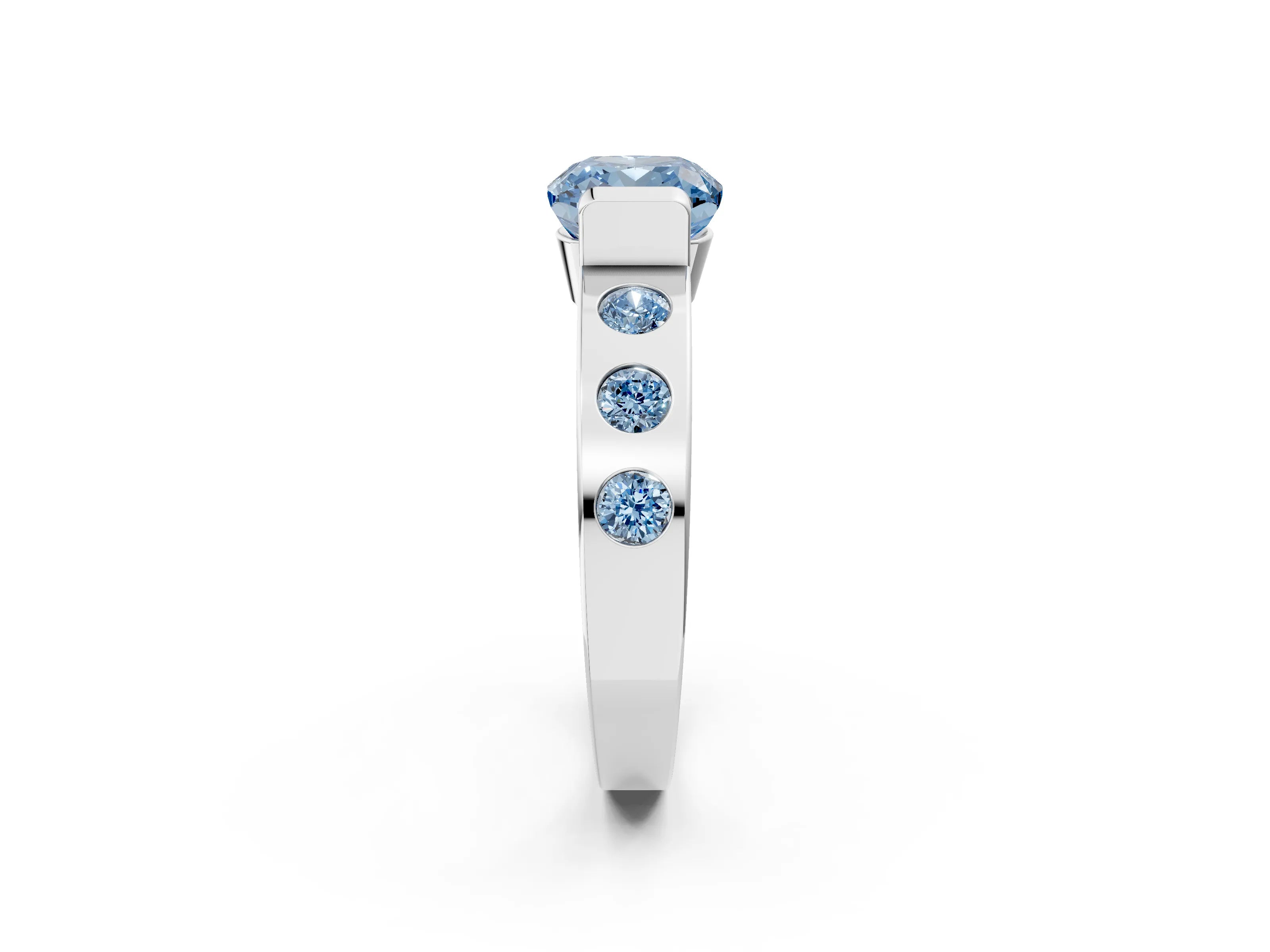 White gold Fancy Blue Cushion Cut Brilliant Channel-Set Diamond Ring with Bezel Prong Setting_14