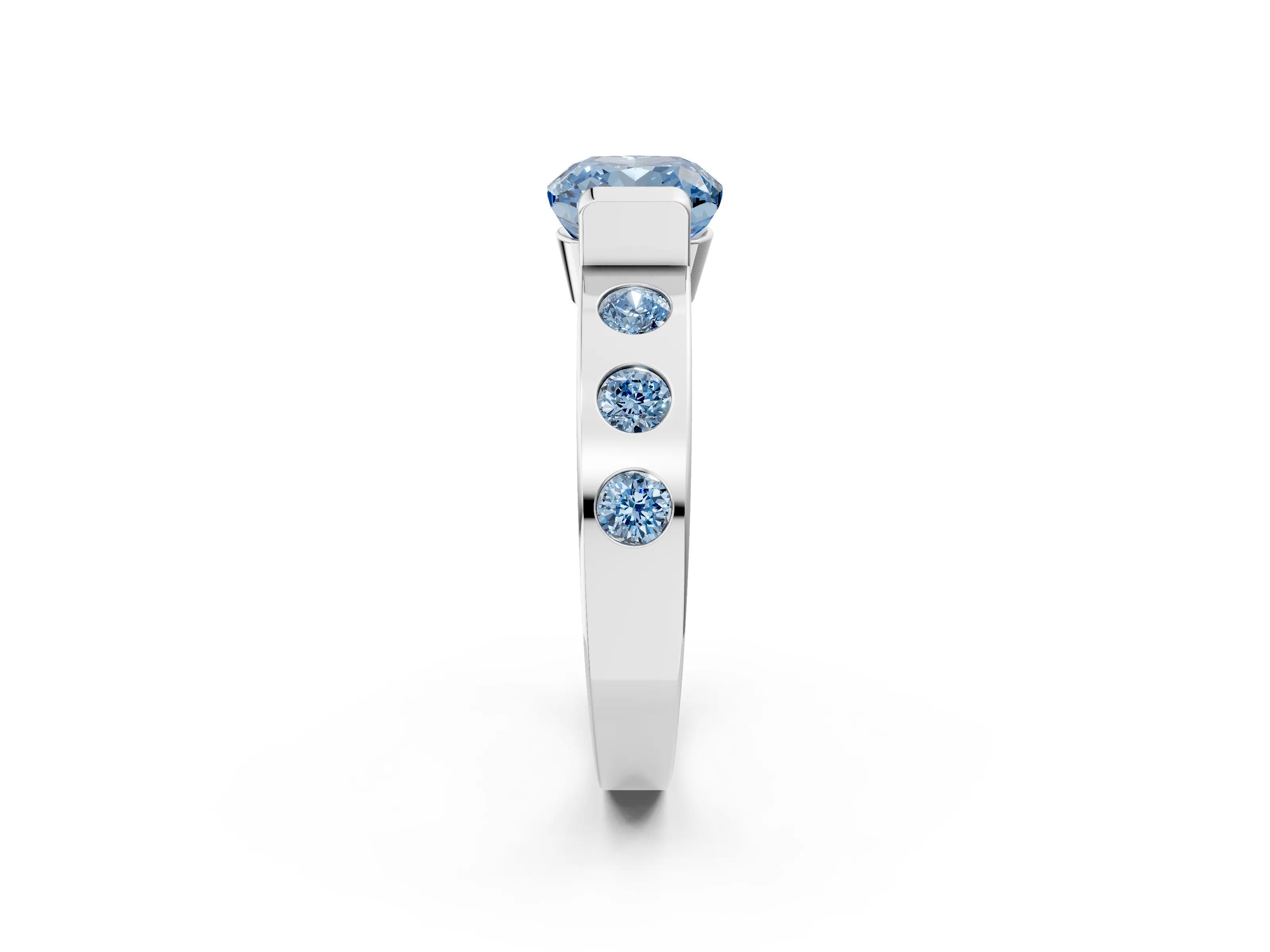 White gold Fancy Blue Cushion Cut Brilliant Channel-Set Diamond Ring with Bezel Prong Setting_2