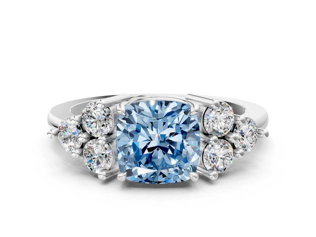 White gold Fancy Blue Cushion Cut Brilliant Diamond Cluster Accent Solitaire Ring with Prong Setting_24