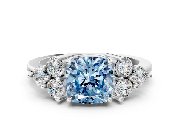 Platinum Fancy Blue Cushion Cut Brilliant Diamond Cluster Accent Solitaire Ring with Prong Setting