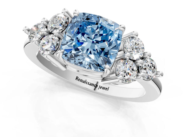 Platinum Fancy Blue Cushion Cut Brilliant Diamond Cluster Accent Solitaire Ring with Prong Setting