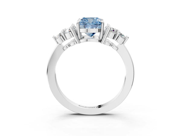 Platinum Fancy Blue Cushion Cut Brilliant Diamond Cluster Accent Solitaire Ring with Prong Setting