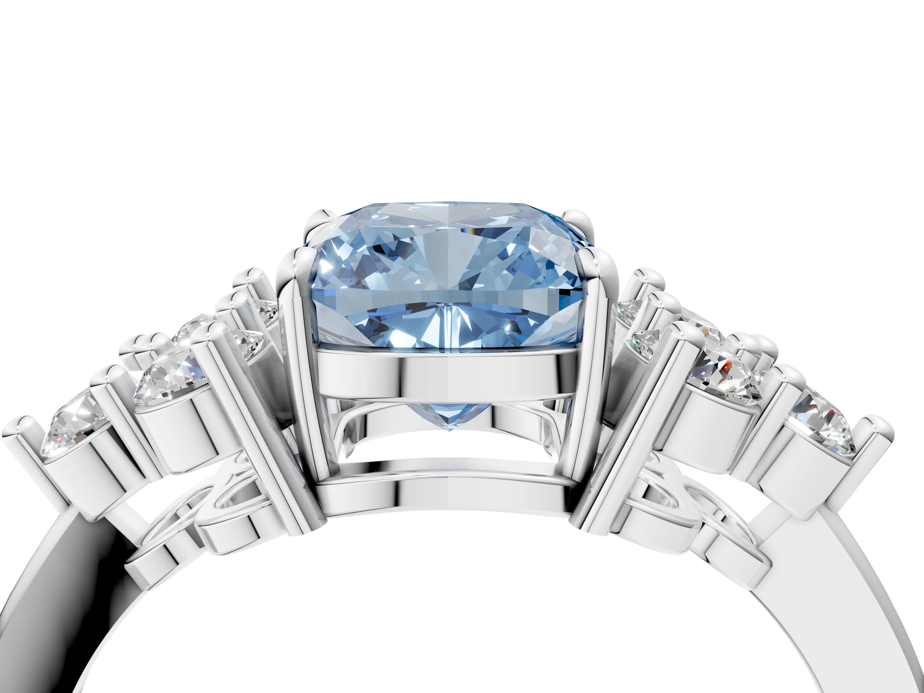 White gold Fancy Blue Cushion Cut Brilliant Diamond Cluster Accent Solitaire Ring with Prong Setting_28