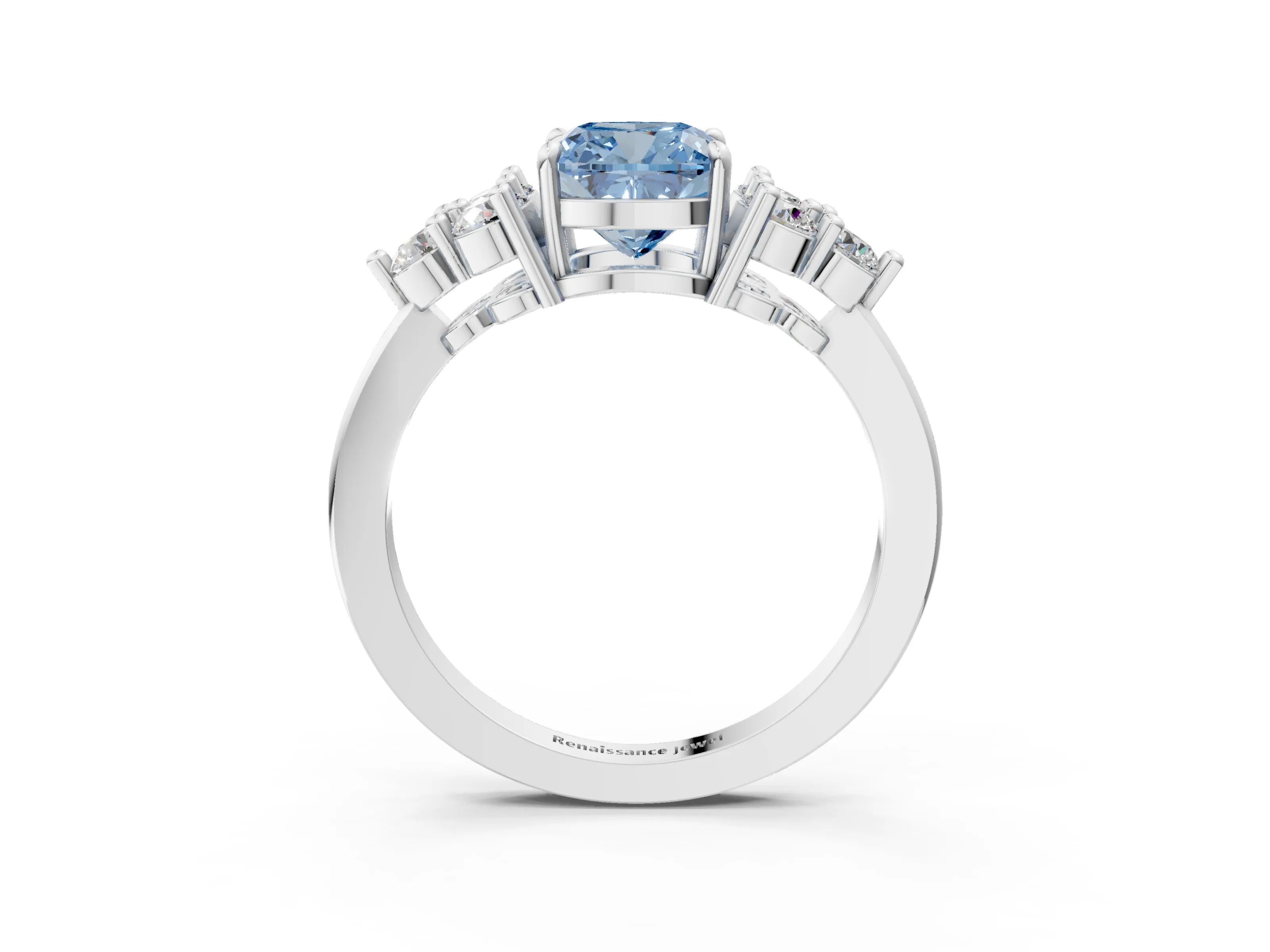 White gold Fancy Blue Cushion Cut Brilliant Diamond Cluster Accent Solitaire Ring with Prong Setting_3