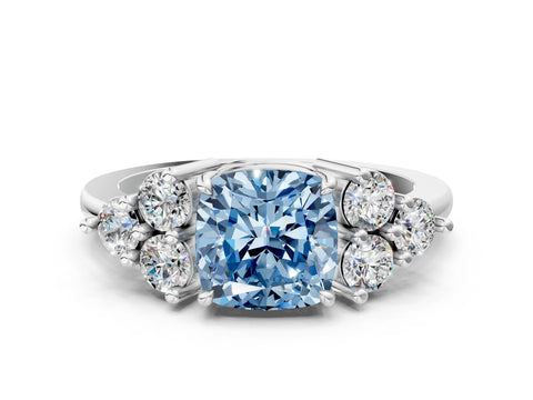 White gold Fancy Blue Cushion Cut Brilliant Diamond Cluster Accent Solitaire Ring with Prong Setting