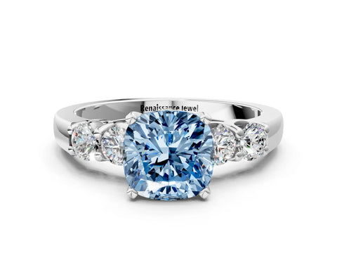 White gold Fancy Blue Cushion Cut Brilliant Diamond Five-Stone Engagement Ring with Prong Setting on a Classic Band_3