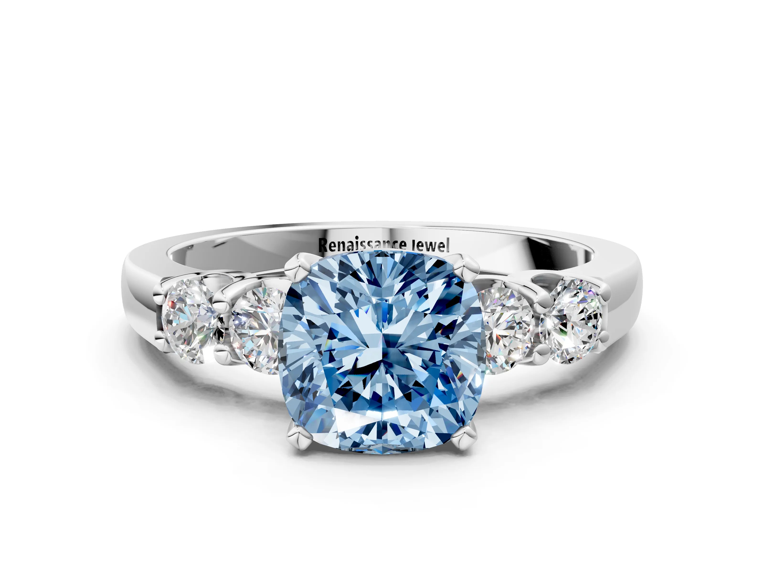 White gold Fancy Blue Cushion Cut Brilliant Diamond Five-Stone Engagement Ring with Prong Setting on a Classic Band_3