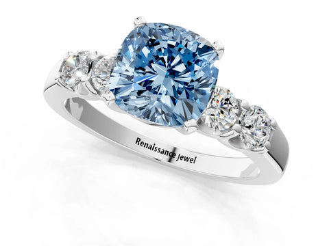 White gold Fancy Blue Cushion Cut Brilliant Diamond Five-Stone Engagement Ring with Prong Setting on a Classic Band_4