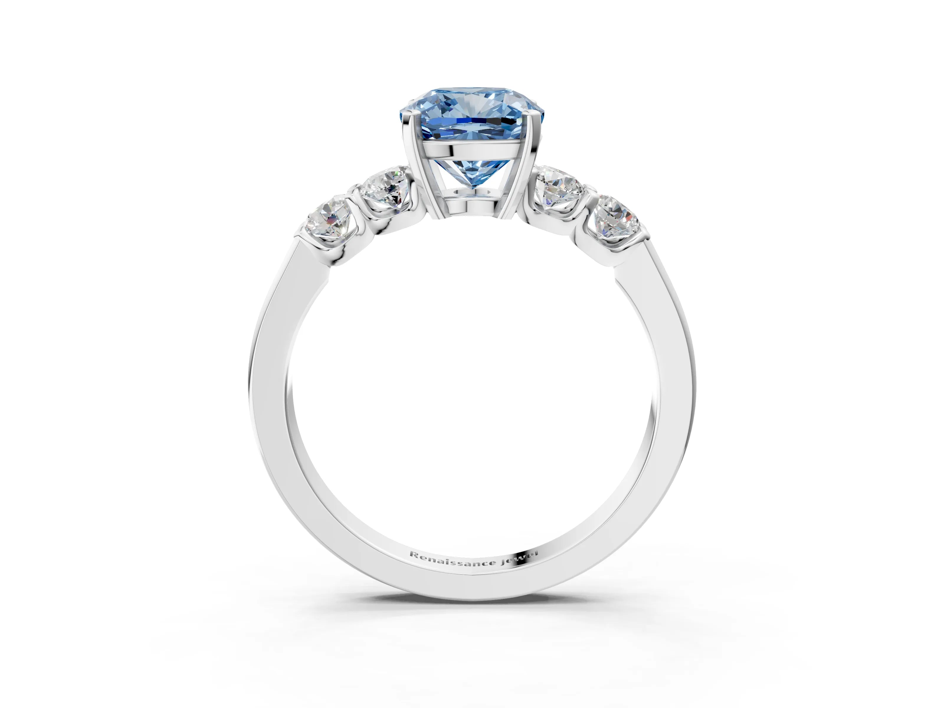 White gold Fancy Blue Cushion Cut Brilliant Diamond Five-Stone Engagement Ring with Prong Setting on a Classic Band_6