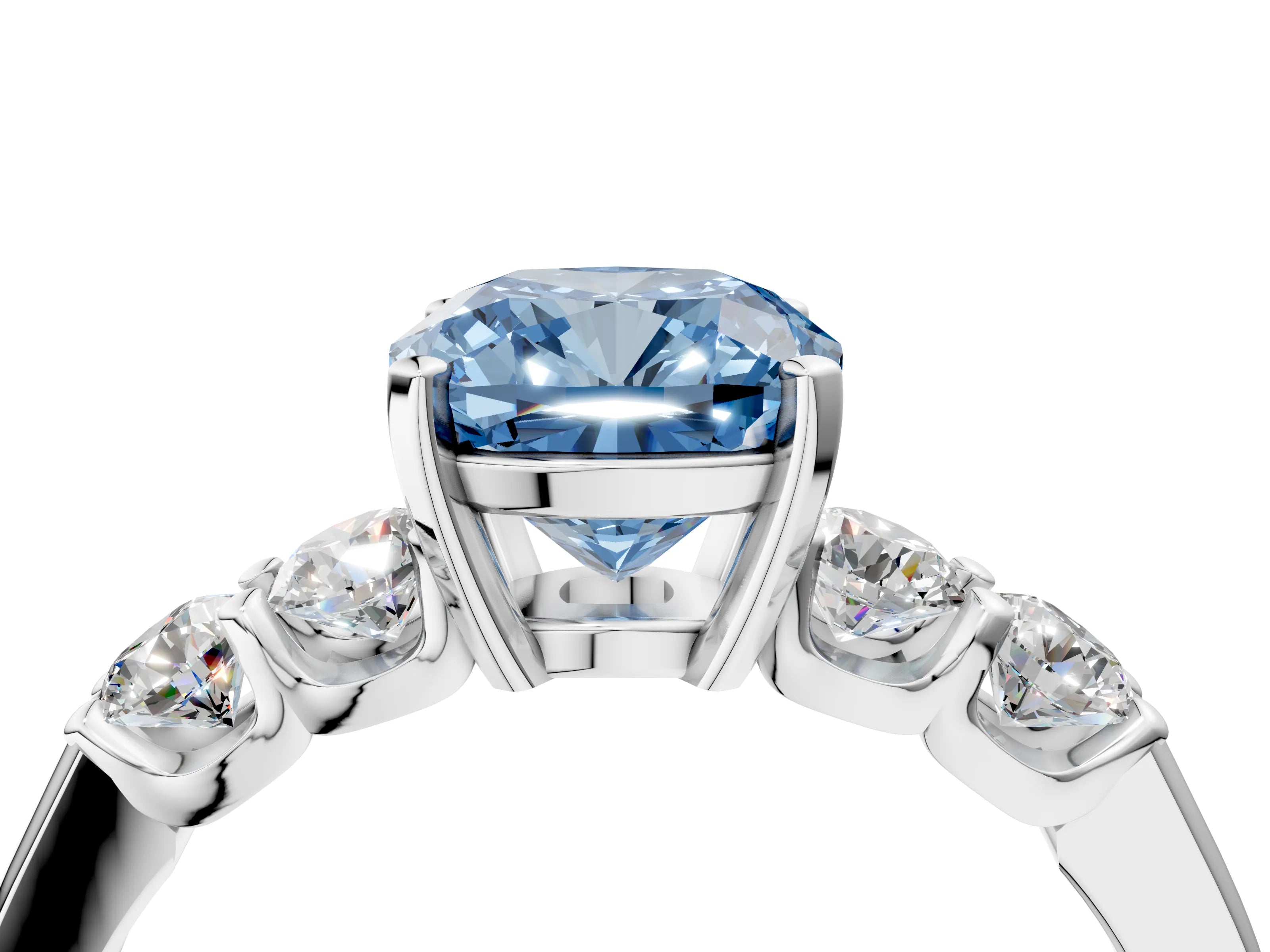 White gold Fancy Blue Cushion Cut Brilliant Diamond Five-Stone Engagement Ring with Prong Setting on a Classic Band_7