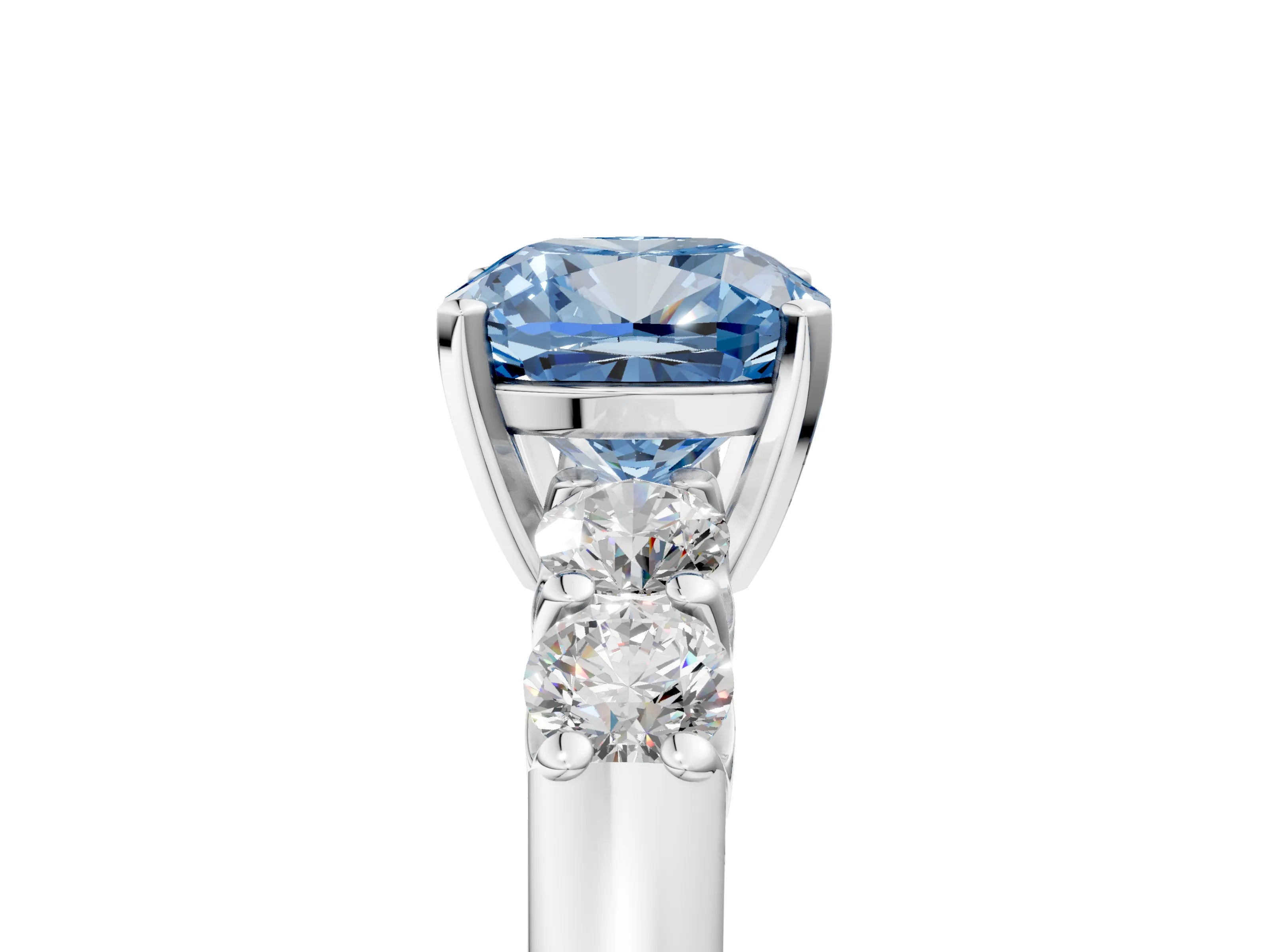 White gold Fancy Blue Cushion Cut Brilliant Diamond Five-Stone Engagement Ring with Prong Setting on a Classic Band_8