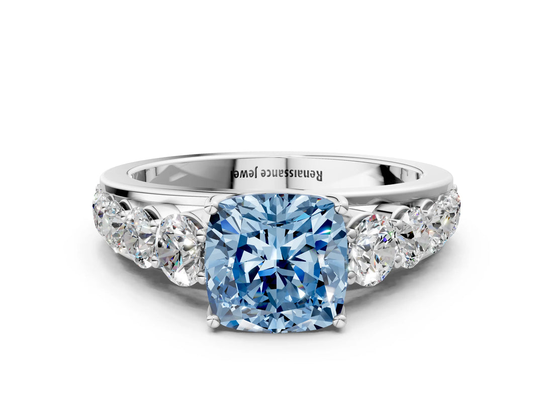 White gold Fancy Blue Cushion Cut Brilliant Diamond Pavé Band with Six-Prong Setting_12