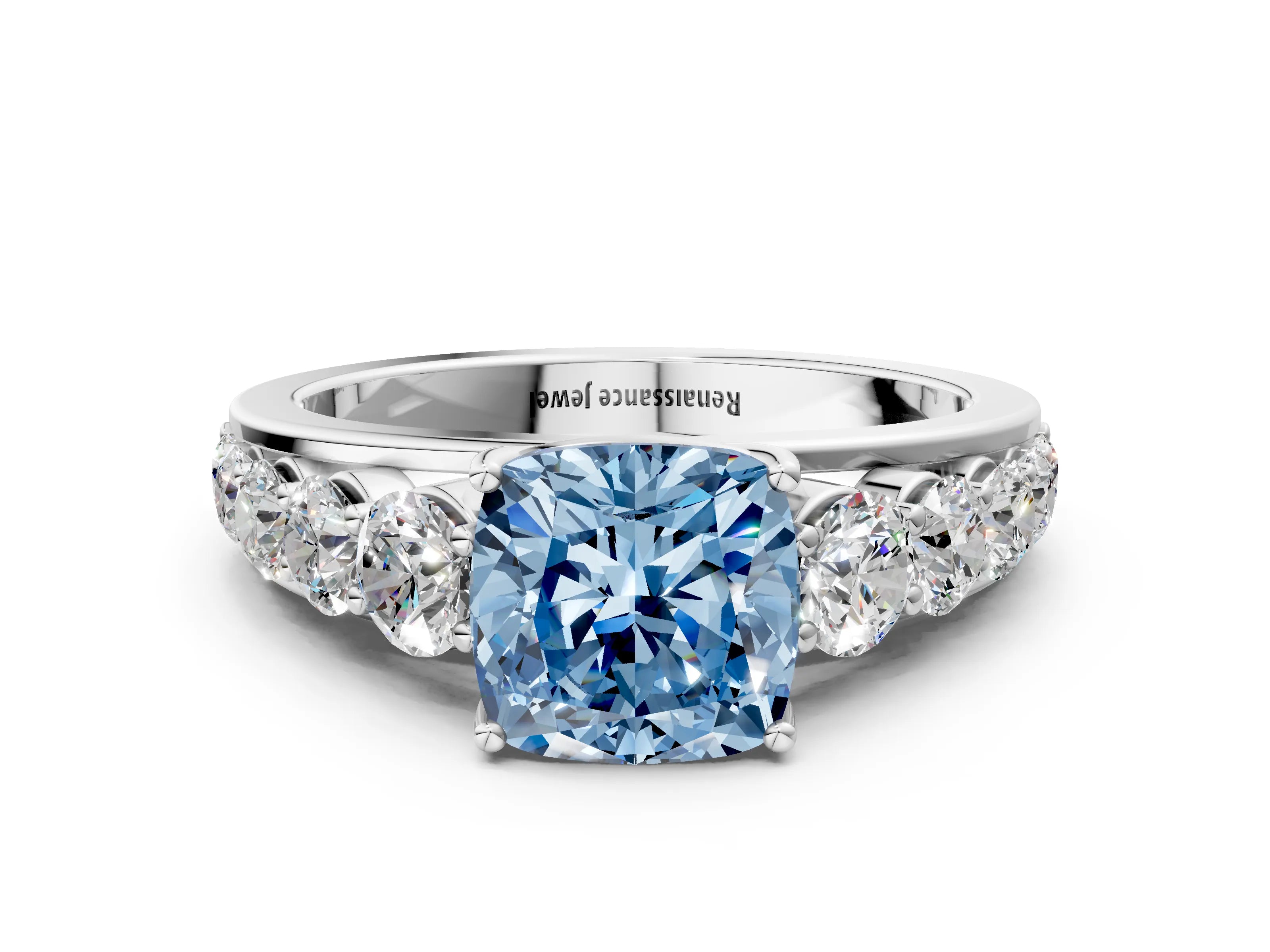 White gold Fancy Blue Cushion Cut Brilliant Diamond Pavé Band with Six-Prong Setting